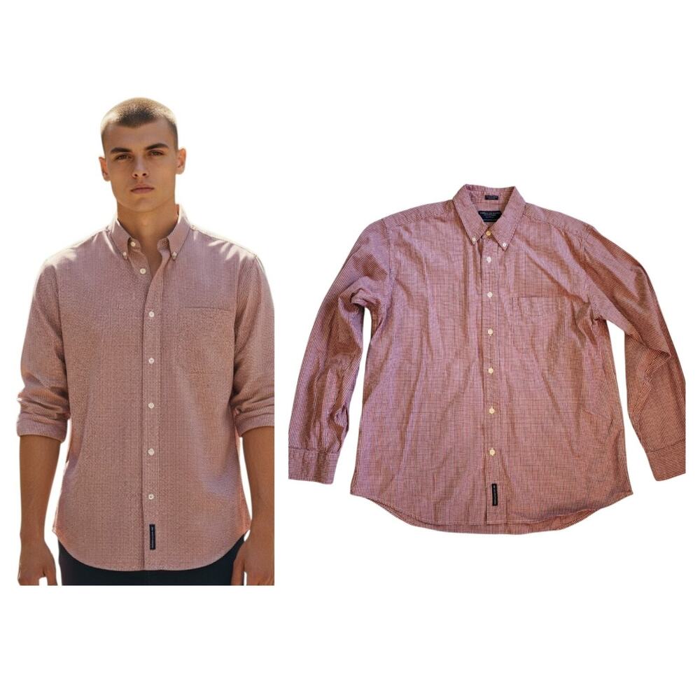 American Eagle Mens Plaid Chambray Button Down Shirt Size L Red Long Sleeve